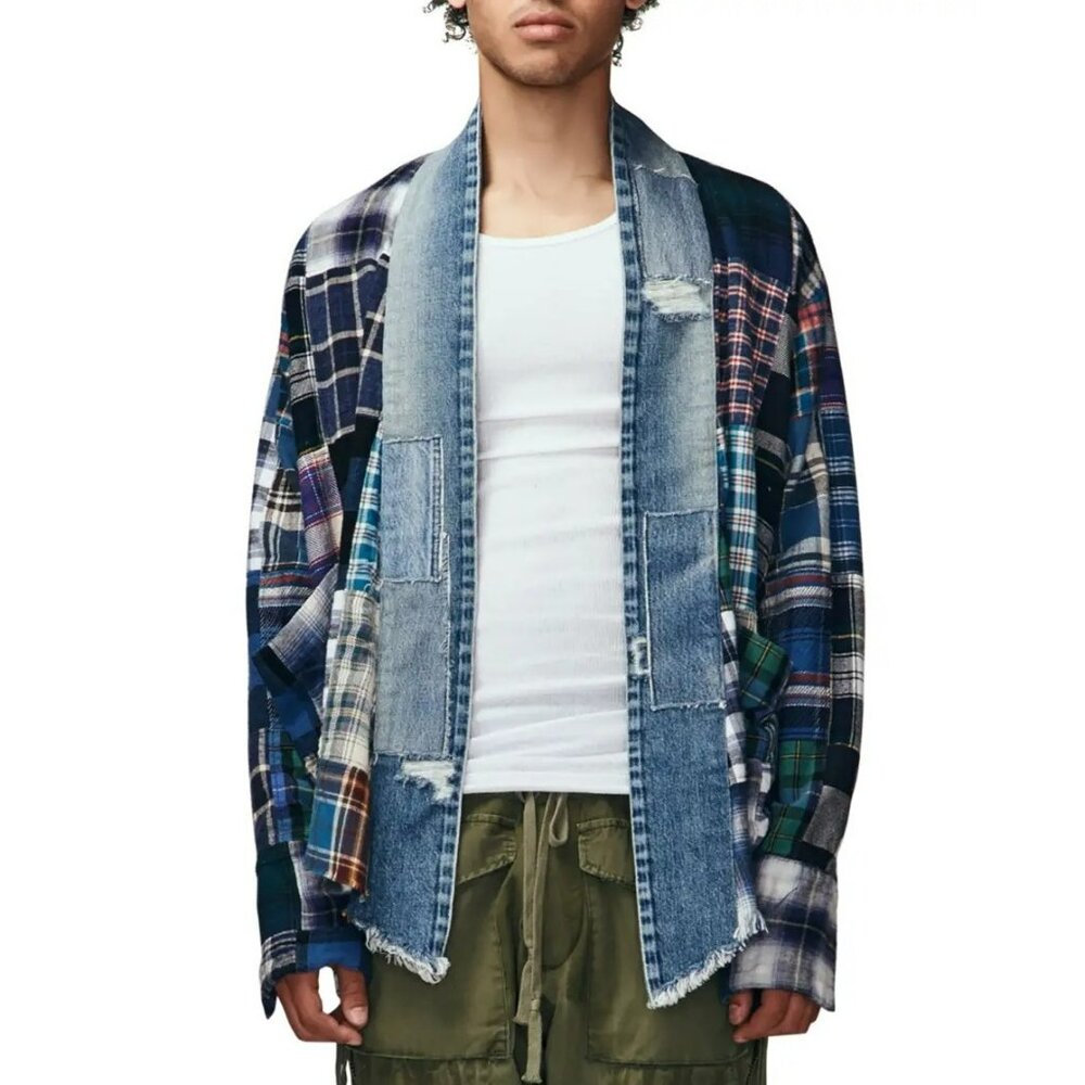 N-12. Greg Lauren Mens Plaid Scrapwork GU Jacket Blue Large